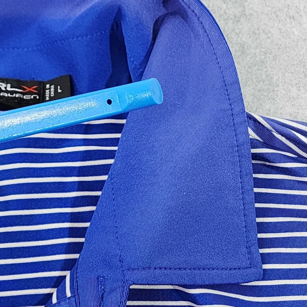 Ralph Lauren RLX Polo Mens Size Large‎ Blue Stripe Button Shirt Flaw On Collar.